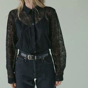 Nation Ltd Burke Lace Long Sleeve Button Down Top Blouse Embroidered Jet Black M
